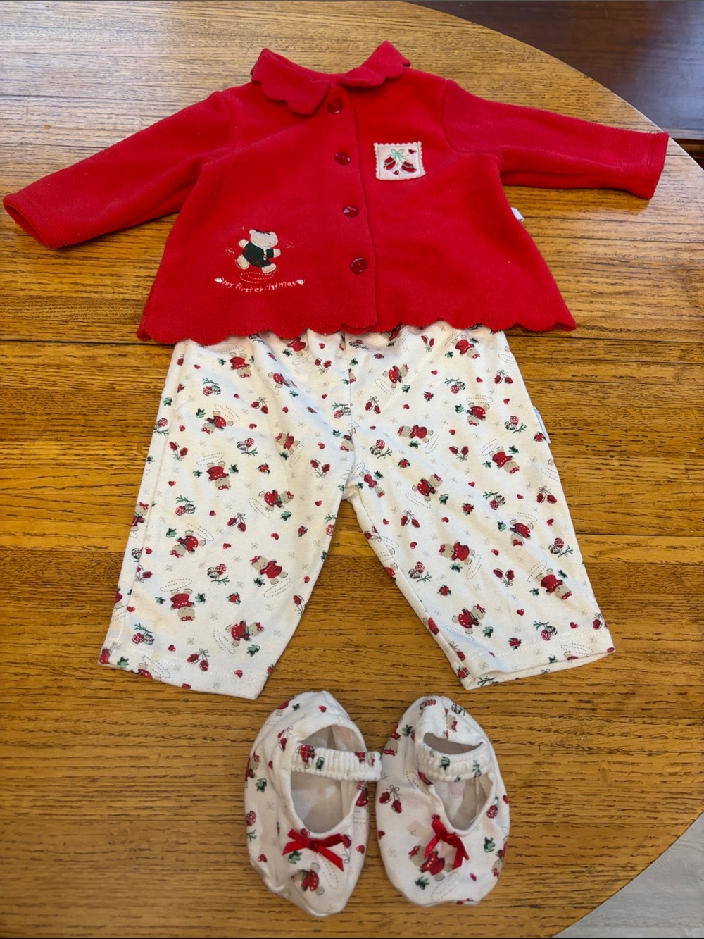 1st Christmas Set - Red Jacket with Cream Floral Pants & Booties